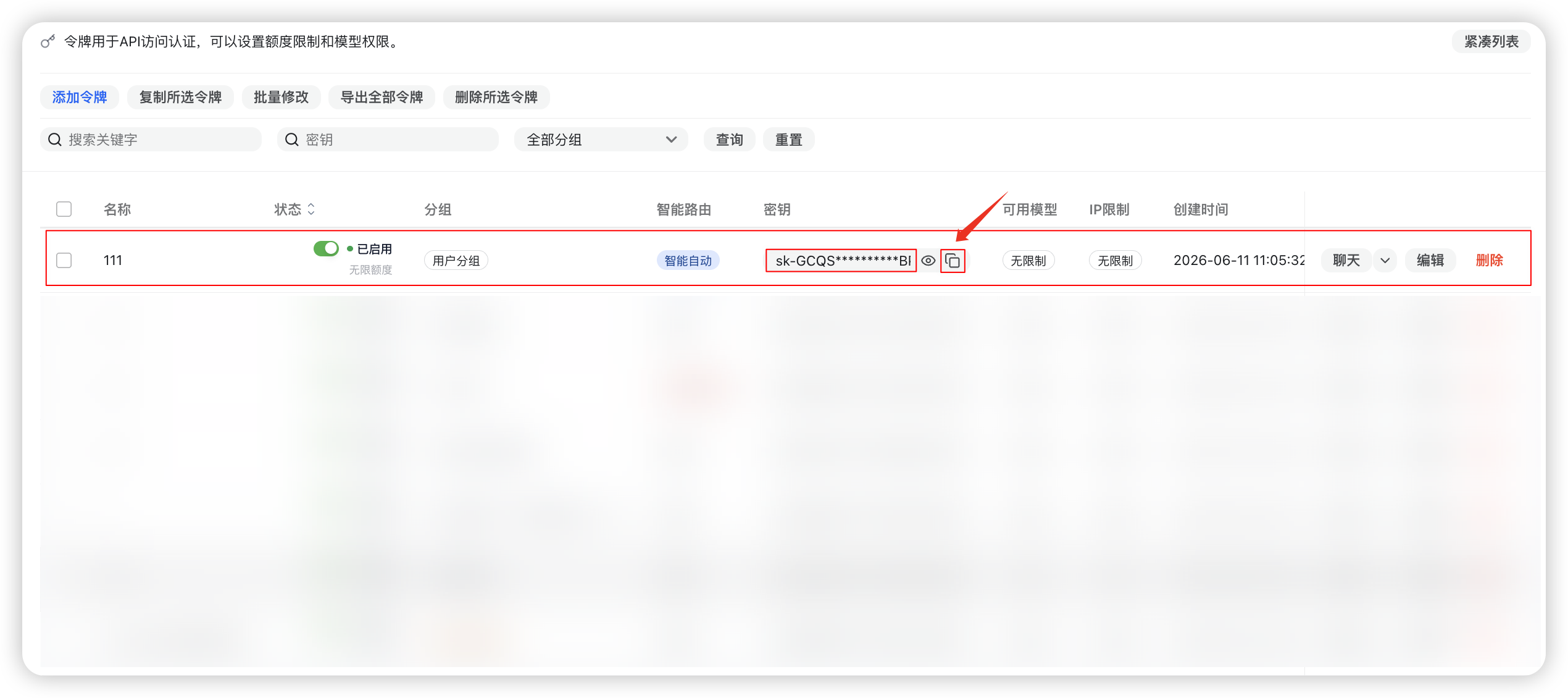 从令牌列表复制 API Key